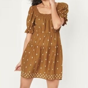 Boho Old Navy Puff-Sleeve Smocked Embroidered Midi Dress Mustard Yellow Size S